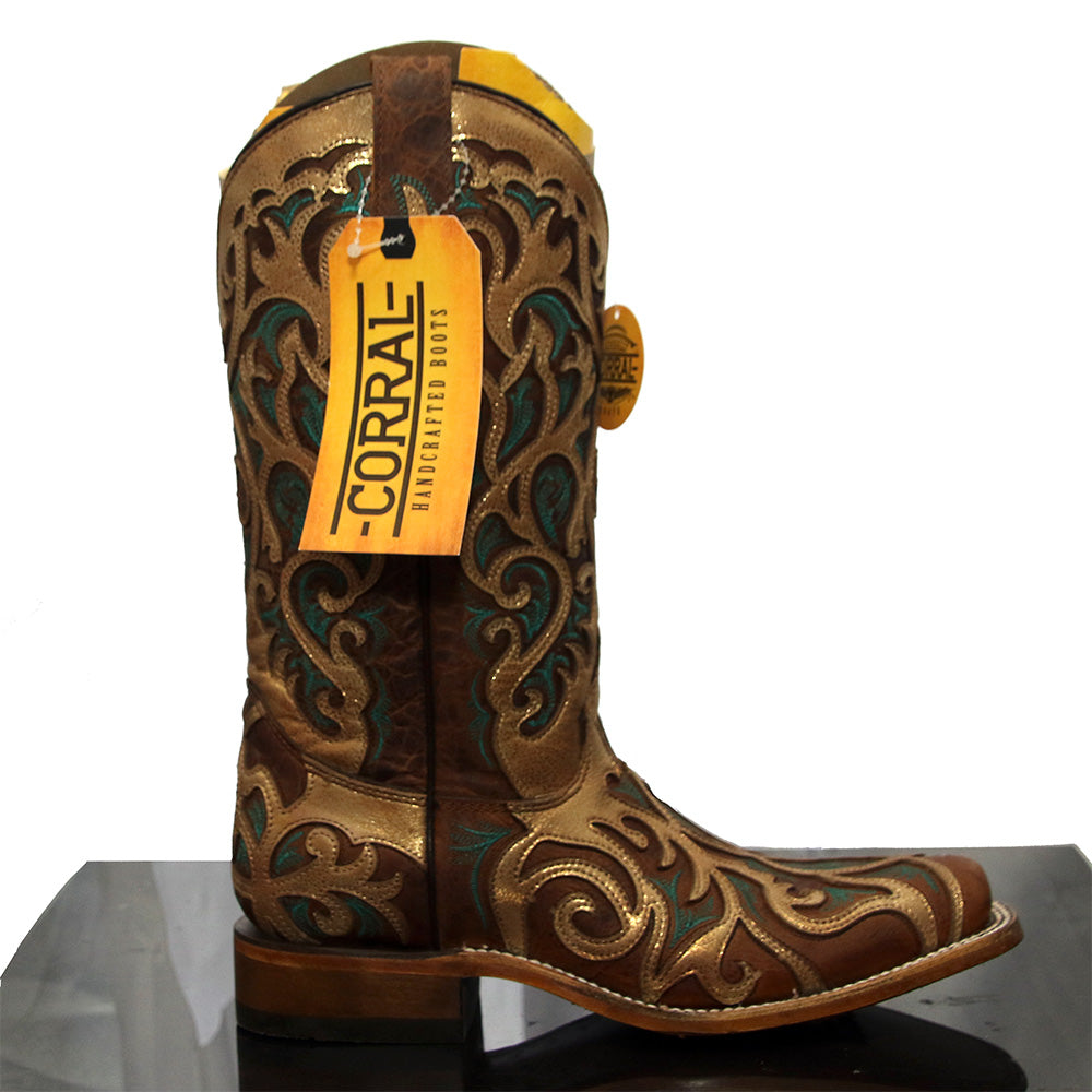 Botas French's 50th Anniversary para mujer de Corral: punta cuadrada en tabaco y dorado