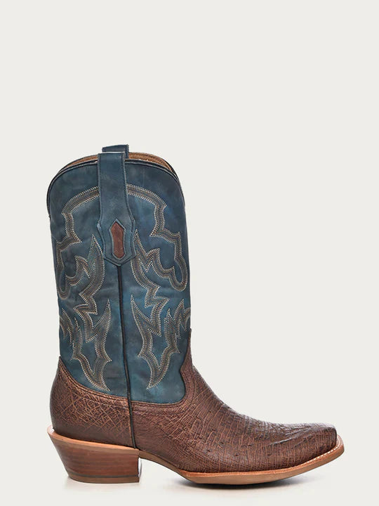 A4402 - MEN'S NAVY-BLUE EMBROIDERY NARROW SQUARE TOE BROWN OSTRICH COWBOY BOOT