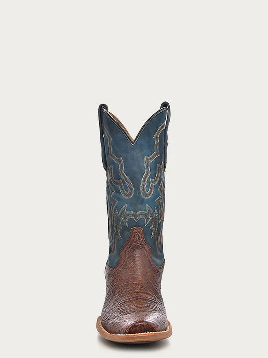 A4402 - MEN'S NAVY-BLUE EMBROIDERY NARROW SQUARE TOE BROWN OSTRICH COWBOY BOOT