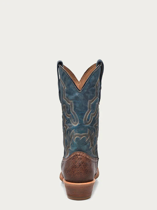 A4402 - MEN'S NAVY-BLUE EMBROIDERY NARROW SQUARE TOE BROWN OSTRICH COWBOY BOOT