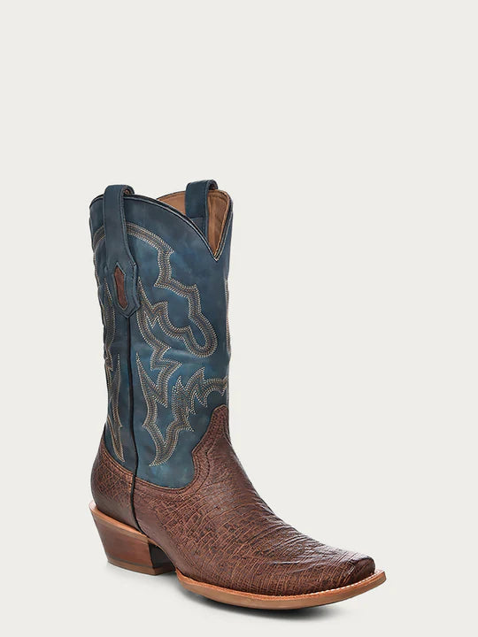 A4402 - MEN'S NAVY-BLUE EMBROIDERY NARROW SQUARE TOE BROWN OSTRICH COWBOY BOOT