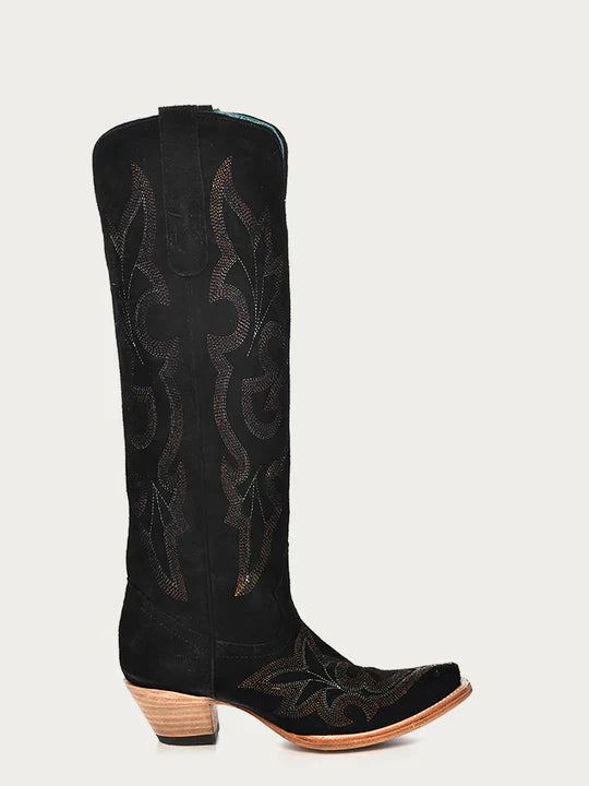 A4436 - WOMEN'S EMBROIDERY BLACK SUEDE TALL TOP SNIP TOE COWBOY BOOT