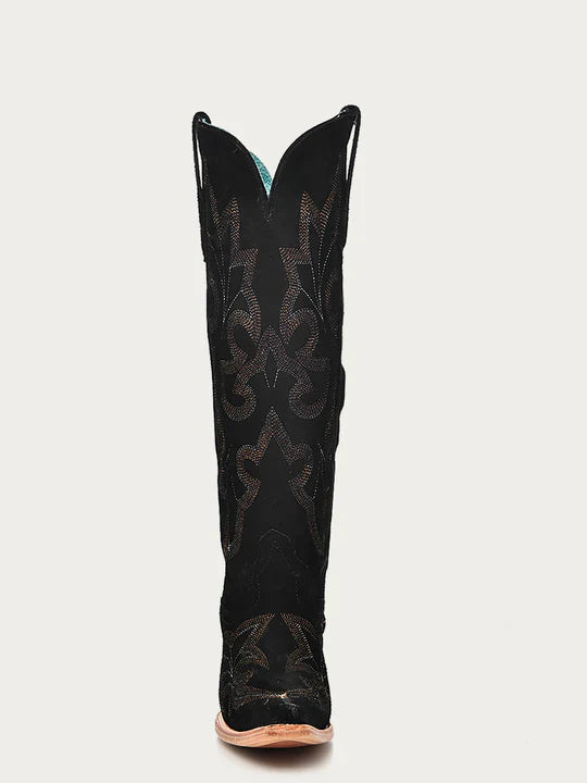 A4436 - WOMEN'S EMBROIDERY BLACK SUEDE TALL TOP SNIP TOE COWBOY BOOT