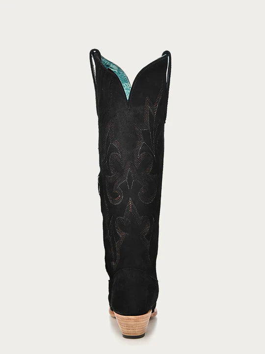 A4436 - WOMEN'S EMBROIDERY BLACK SUEDE TALL TOP SNIP TOE COWBOY BOOT