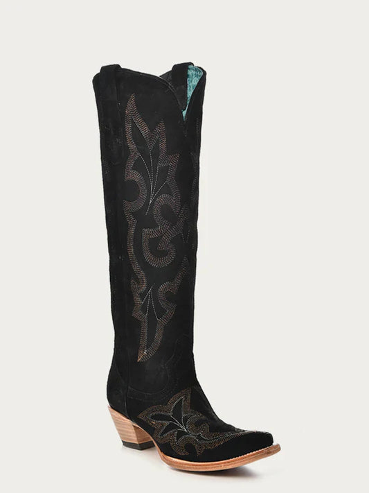 A4436 - WOMEN'S EMBROIDERY BLACK SUEDE TALL TOP SNIP TOE COWBOY BOOT