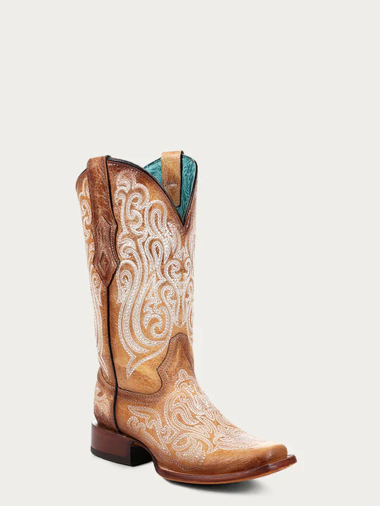 A4580 - WOMEN'S BLUE LUMINESCENT EMBROIDERY STRAW SNIP TOE COWBOY BOOT