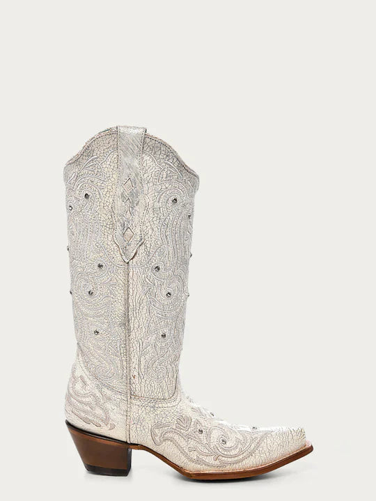 Z5123 - WOMEN'S EMBROIDERY AND CRYSTALS SNIP TOE BONE COWBOY BOOT