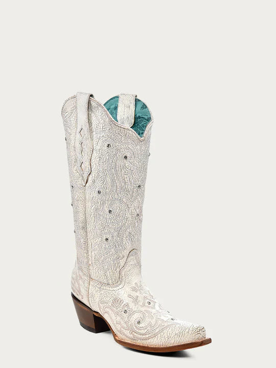 Z5123 - WOMEN'S EMBROIDERY AND CRYSTALS SNIP TOE BONE COWBOY BOOT