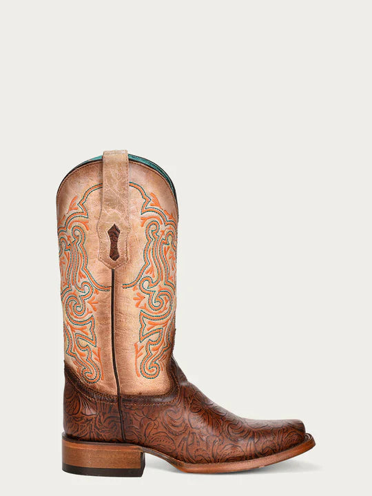 Z5126 - WOMEN’S EMBROIDERY BROWN VAMP SQUARE TOE OFF WHITE COWBOY BOOT