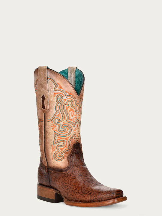 Z5126 - WOMEN’S EMBROIDERY BROWN VAMP SQUARE TOE OFF WHITE COWBOY BOOT