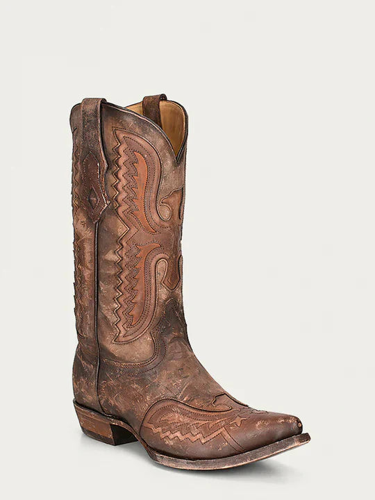 C3952 - MEN'S EAGLE INLAY AND EMBROIDERY WING TIP SNIP TOE DISTRESSED TAN COWBOY BOOT